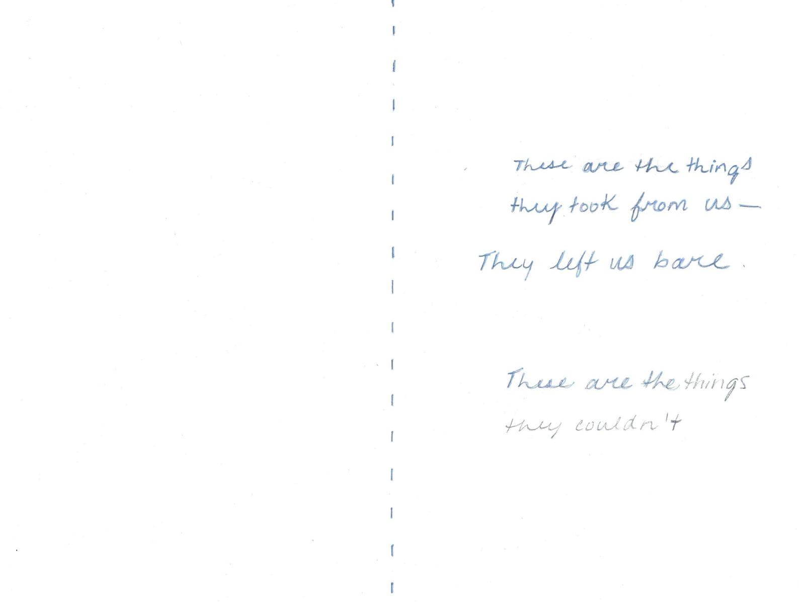 Blue text on white background: "These are the things they took from us, They left us bare These are the things they couldn’t"